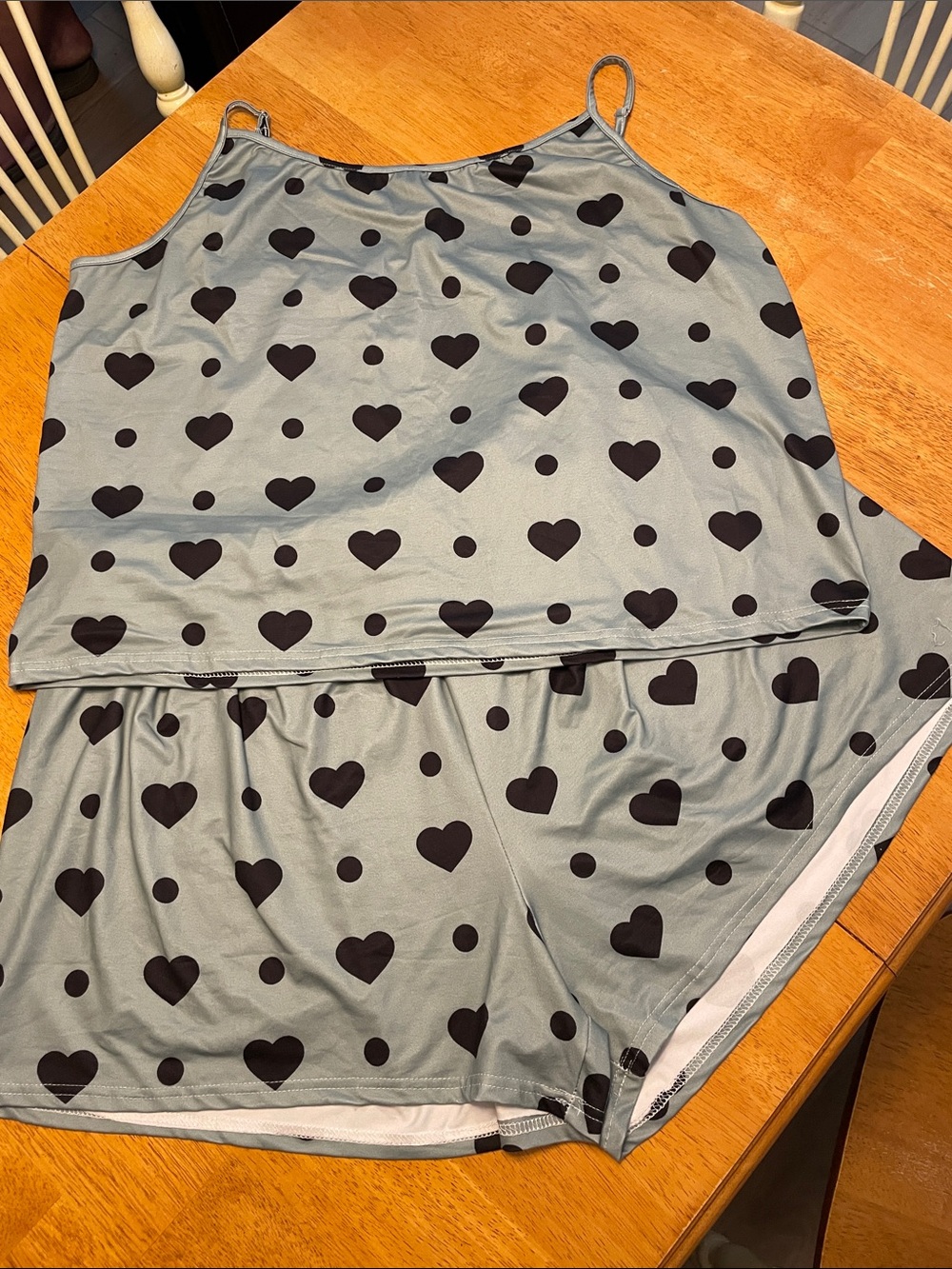 Women’s Heart Print Pajama Tank/Shorts Set - Gray with Black Hearts (Never Worn)